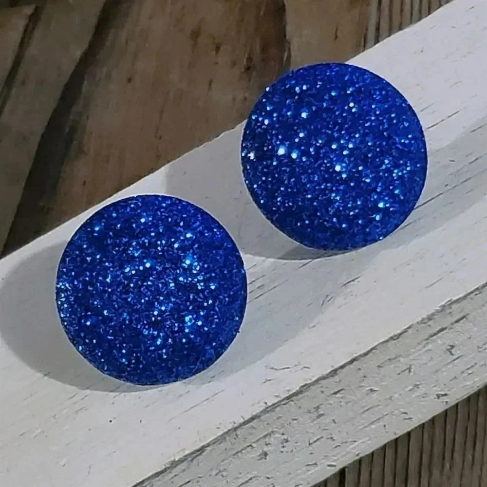 Retro 80s Club Glam Disco Sparkly Cobalt Blue Fabric Button Earrings